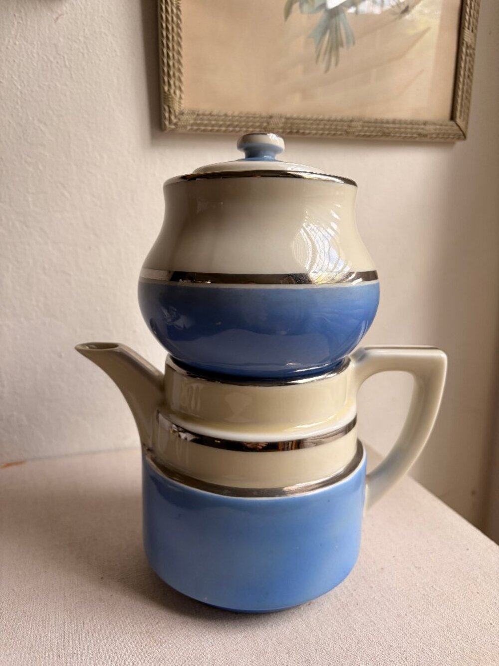 Vintage Fraunfelter Art Deco Teapot "Staked "Tea for Two" Blue & Cream Silver
